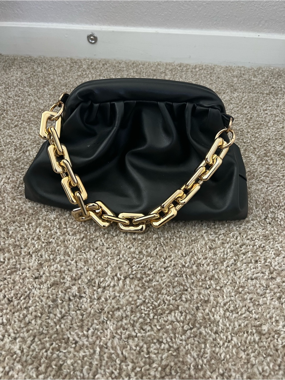 Black Ruched Shoulder Bag with Gold Chain